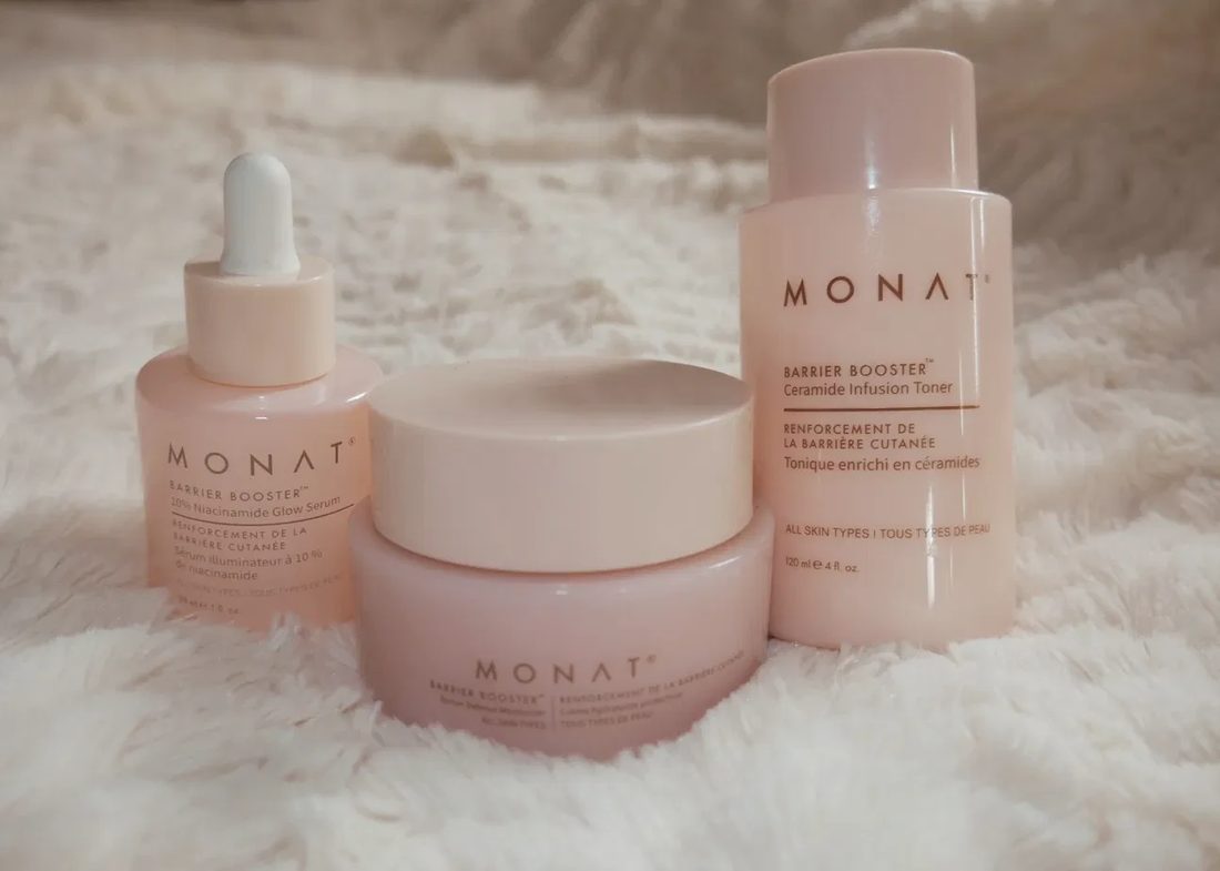 The MONAT Barrier Booster Ceramide Infusion Toner, 10% Niacinamide Glow Serum, and Barrier Defense Moisturizer