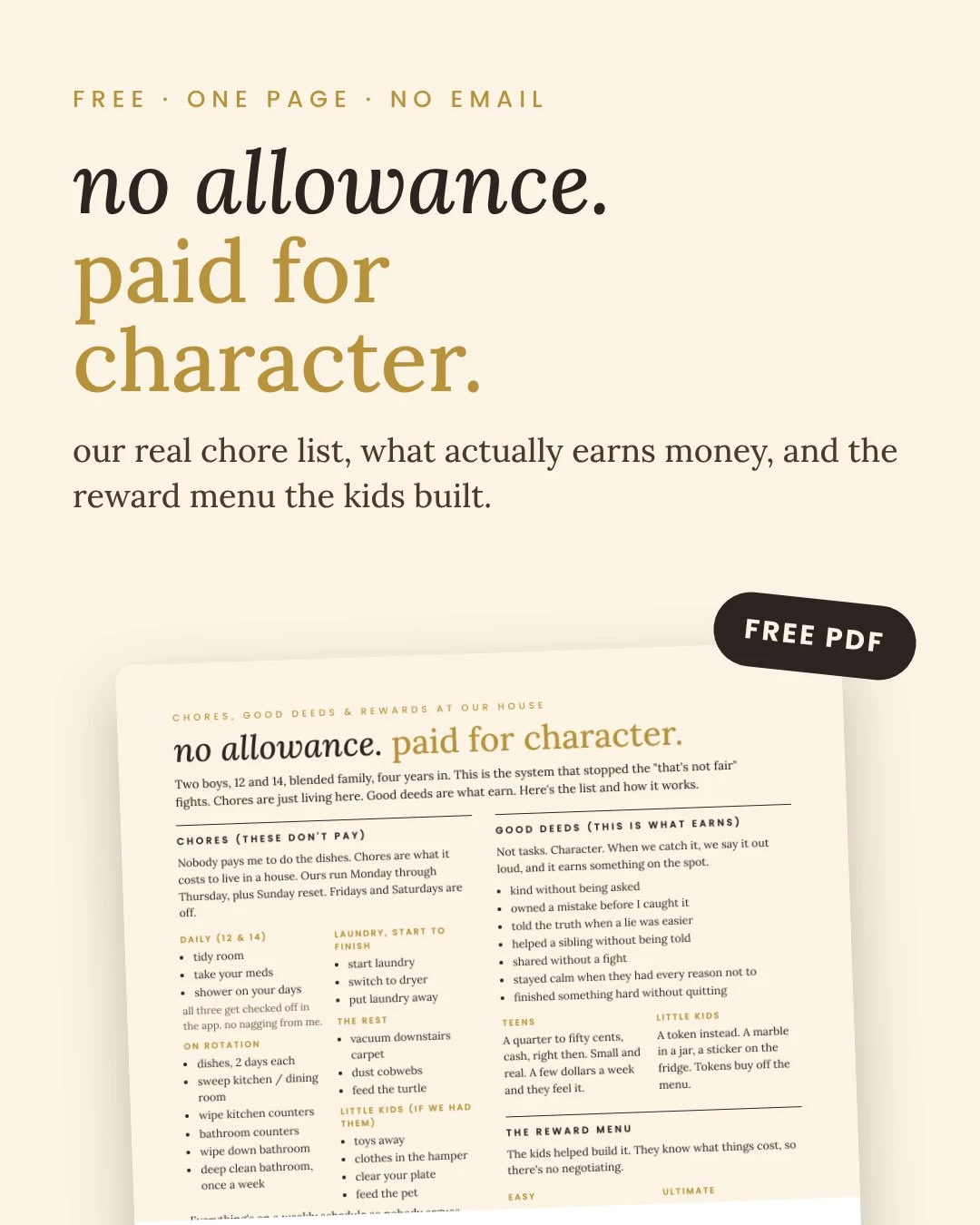 No allowance. Paid for character. The free one-page chore guide.