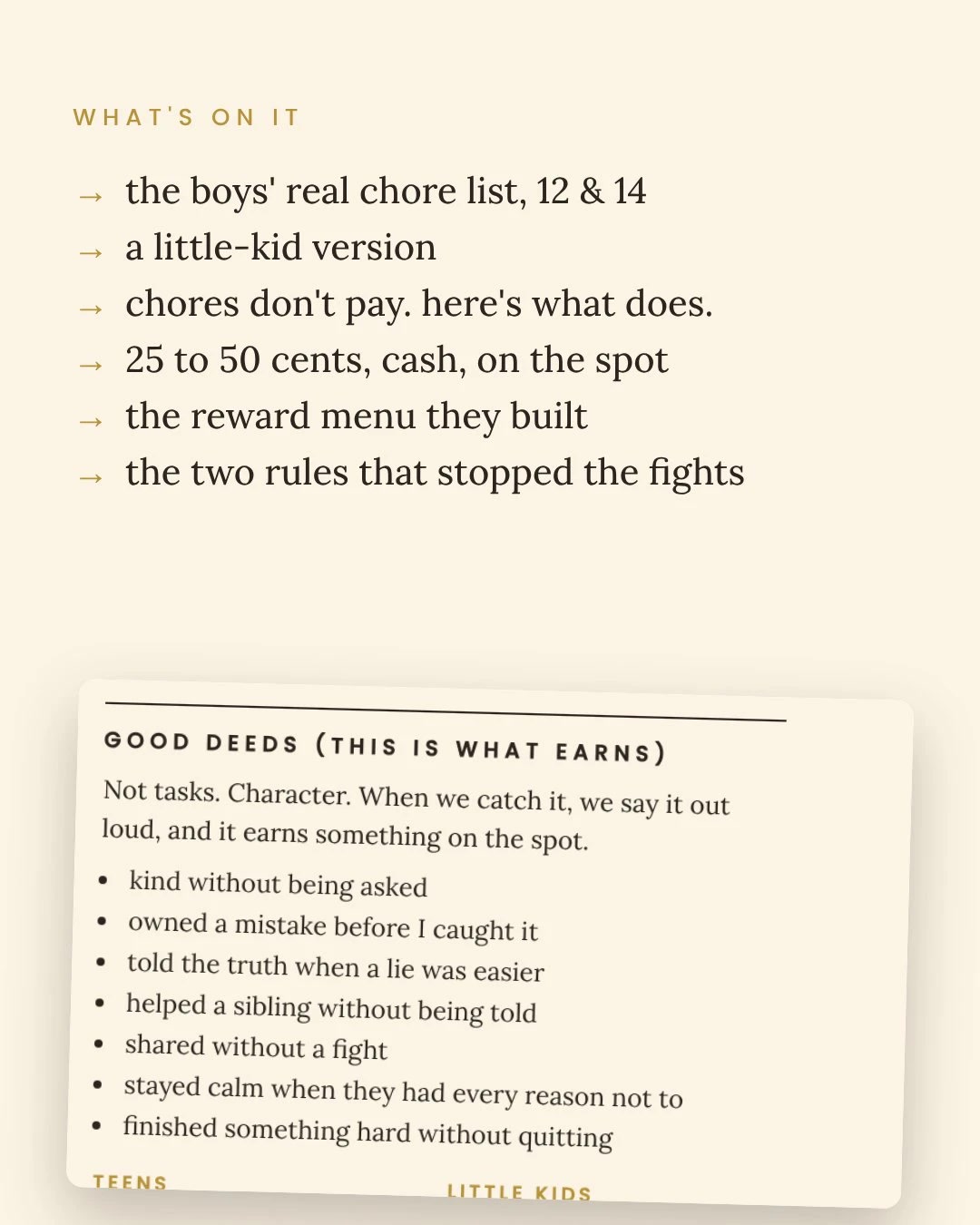 What's on the guide: the boys' real chore list, a little-kid version, what earns, 25 to 50 cents on the spot, the reward menu, and the two rules