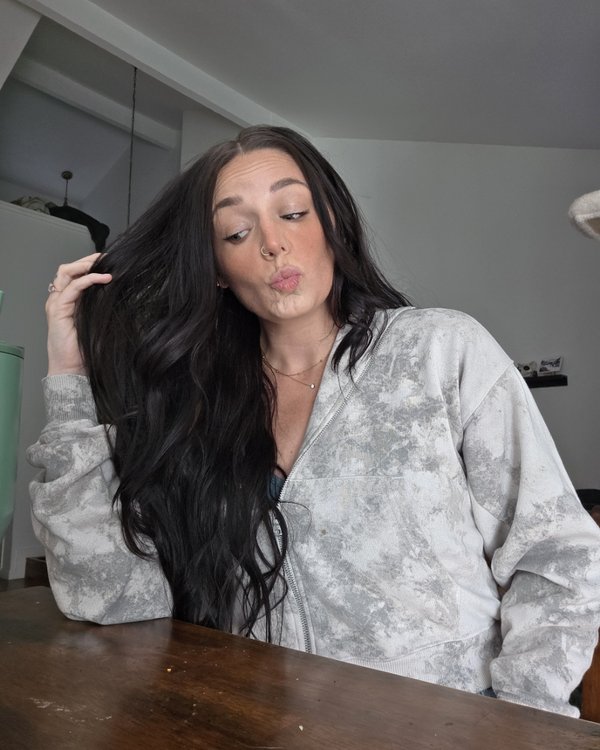 Kay, October 2026, long dark hair on day 5 after switching to Monat
